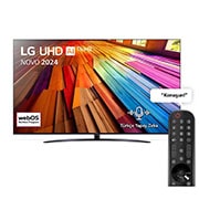 LG UHD TV, UT81’un önden görünümü. Ekranda LG UHD AI ThinQ, 2024 yazısı ve webOS Re:New Program logosu yer alıyor.
