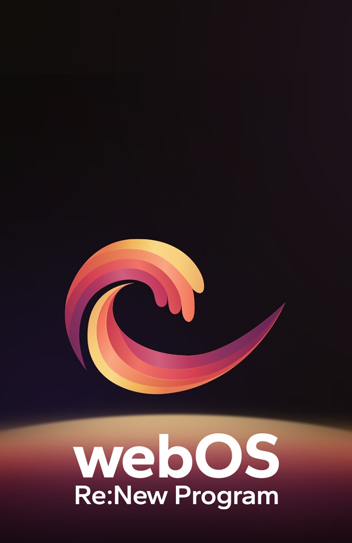 Siyah arkaplan üzerinde ortada webOS logosu asılı duruyor ve altındaki boşluk logodaki kırmızı, turuncu ve sarı renklerle aydınlatılıyor. Logonun altında "webOS Yenileme Programı" yazısı yer alıyor.