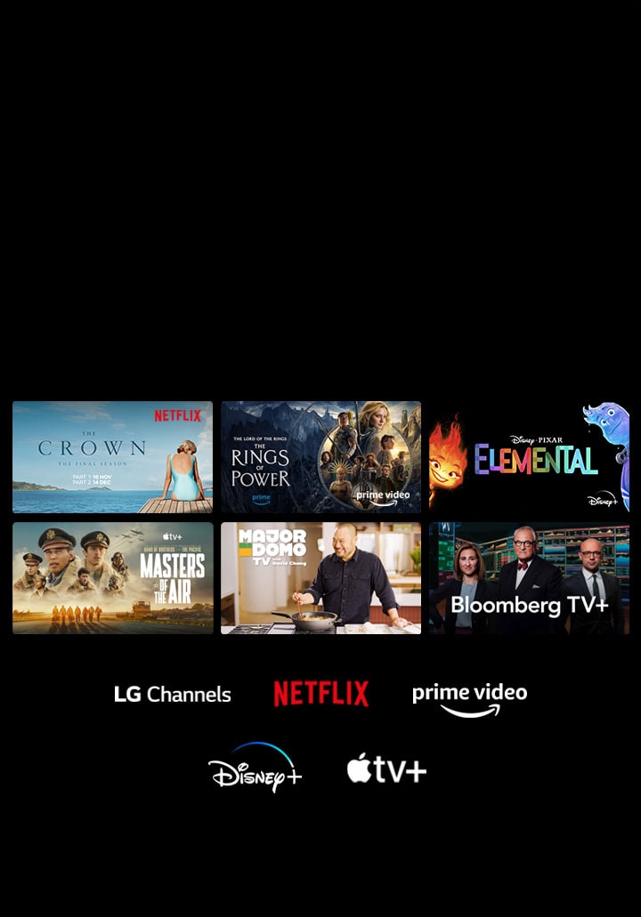 Film ve TV programlarına ait altı adet küçük resim gösteriliyor ve altında LG Channels, Netflix, Prime Video, Disney+ ve Apple TV+ logoları yer alıyor.