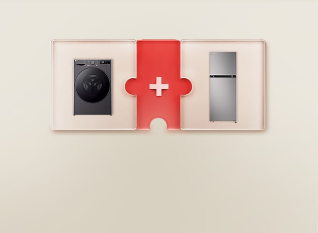 A puzzle-shaped graphic showing a washing machine and a refrigerator connected by a red piece with a plus sign in the middle.