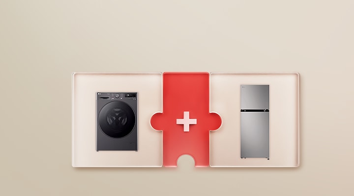 A puzzle-style banner showing a washing machine and a refrigerator connected by a red puzzle piece with a plus sign in the center.