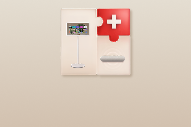 Bir LG StanbyMe ile bir ses sisteminin (Audio) puzzle gibi birleştirilmiş olduğu bir görsel.