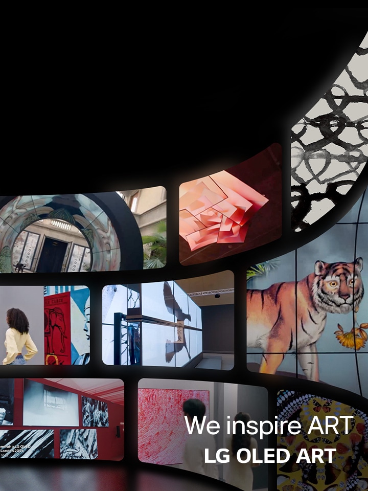 “SANATA İlham Veriyoruz” ve “LG OLED SANAT” yazan logo bulunan farklı sanat eserlerini gösteren LG TV’ler.