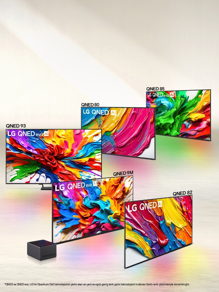 QNED80, QNED85, QNED93, Zero Connect Box’lı QNED9M ve QNED82 modellerinden oluşan beş farklı LG QNED evo AI TV’nin sıralı görünümü.