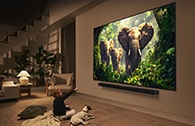 Duvara monte LG QNED TV’nin önünde bir kız ve köpek oturuyor. Ekranda LG Soundbar’ın üzerinde dışarı doğru yürüyen üç fil görüntüleniyor.