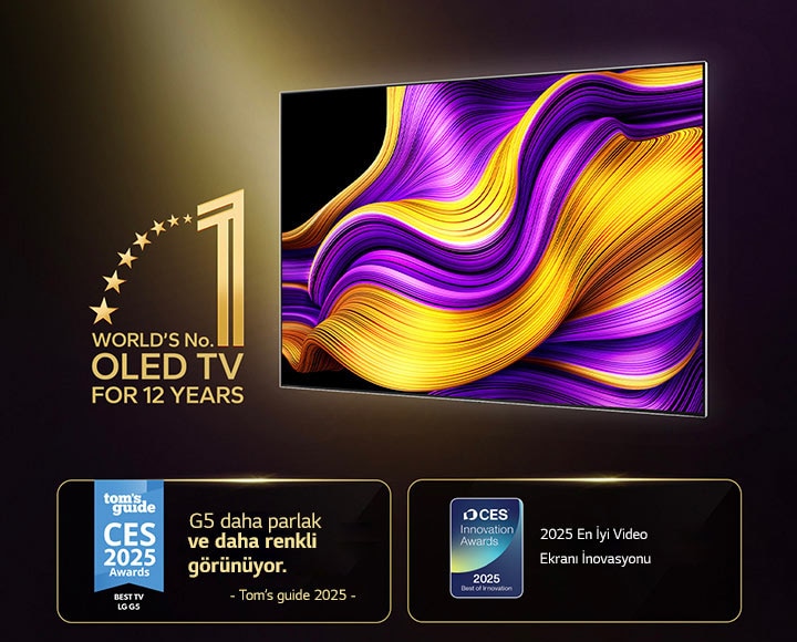 12 yıldır dünyanın 1 numaralı OLED TV’si amblemi ile LG OLED TV. Kazanılan ödüller de gösteriliyor. Tom's Guide 2025 CES Awards, Best TV, G5 daha parlak ve daha renkli görünüyor. Video ekran kategorisinde 2025 CES Innovation Awards, 2025 Best of Innovation.