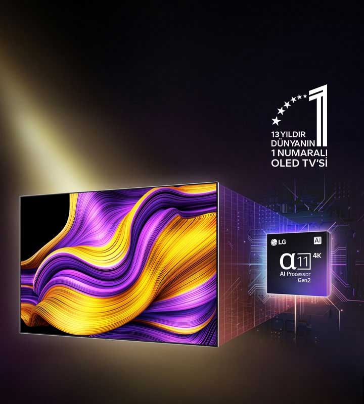 Ekranında renkli soyut sanat eseri bulunan LG OLED TV ve arkasında vurgulanan Alpha 11 AI İşlemci Gen2. İşlemciden ve televizyondan çıkan parlak ışıklar, gelişmiş teknolojisini sergiliyor. 12 yıldır dünyanın 1 numaralı OLED TV’si amblemi de yer alıyor.