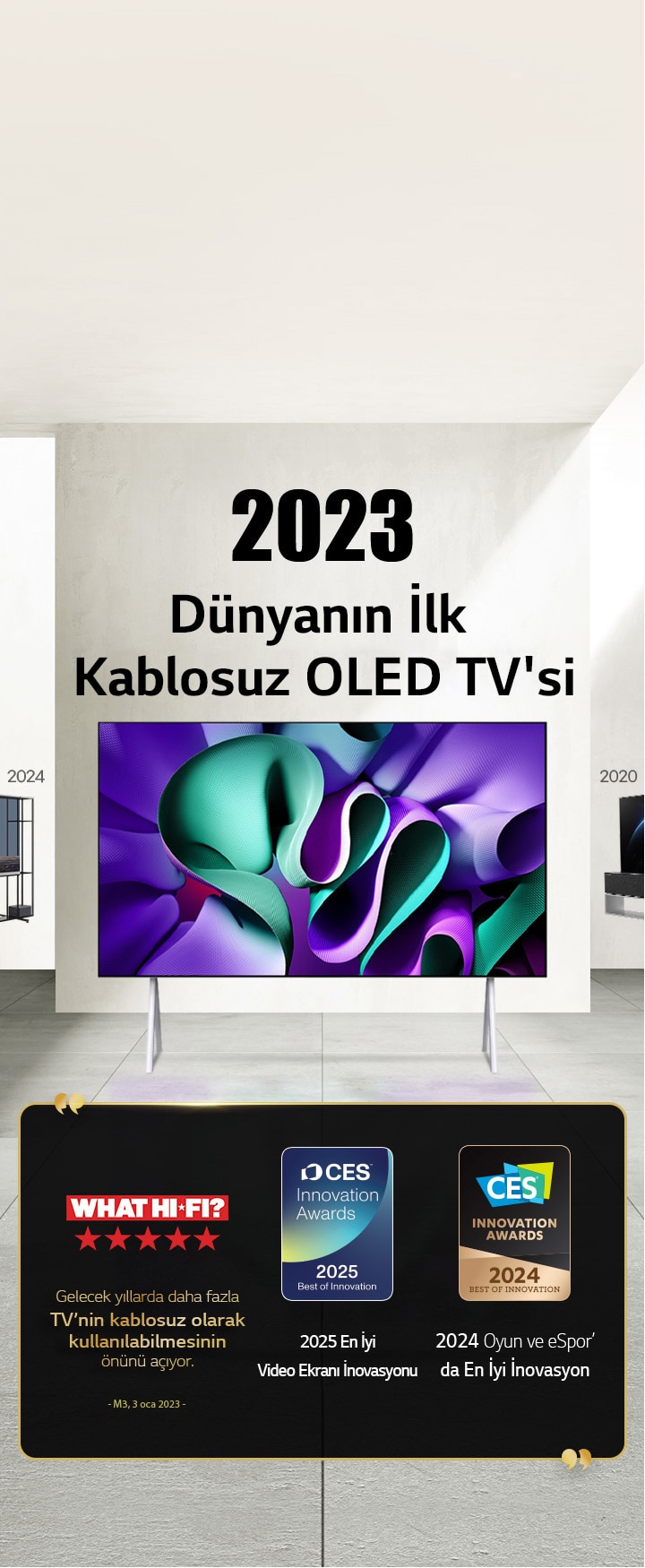 LG TV. Başlıkta, “2023 dünyanın ilk Tamamen Kablosuz OLED TV’si” yazıyor. Yanında ödül belgeleri var. What Hi-Fi, gelecek yıllarda daha fazla TV’nin kablosuz olarak kullanılabilmesinin önünü açıyor. CES İnovasyon Ödülleri’nden 2025 En İyi Video Ekranı İnovasyonu ve 2024 Oyun ve eSpor’da En İyi İnovasyon ödülleri. 