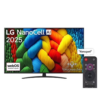 NanoCell TV’nin önden görünümü, üst köşede LG NanoCell Al logosu yer alıyor. LG NanoCell NANO80 TV ekranında renkli boya benzeri dokuların bir araya gelişi gösteriliyor.
