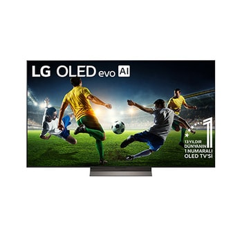 Front view of LG OLED evo AI C5 4K Smart TV. 12 Years of world number 1 OLED emblem and LG OLED evo AI 2025 logo are on the screen.