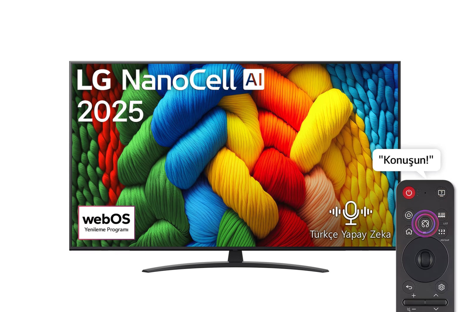 NanoCell TV’nin önden görünümü, üst köşede LG NanoCell Al logosu yer alıyor. LG NanoCell NANO80 TV ekranında renkli boya benzeri dokuların bir araya gelişi gösteriliyor.