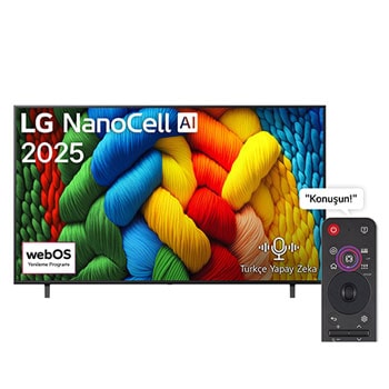 NanoCell TV’nin önden görünümü, üst köşede LG NanoCell Al logosu yer alıyor. LG NanoCell NANO80 TV ekranında renkli boya benzeri dokuların bir araya gelişi gösteriliyor.