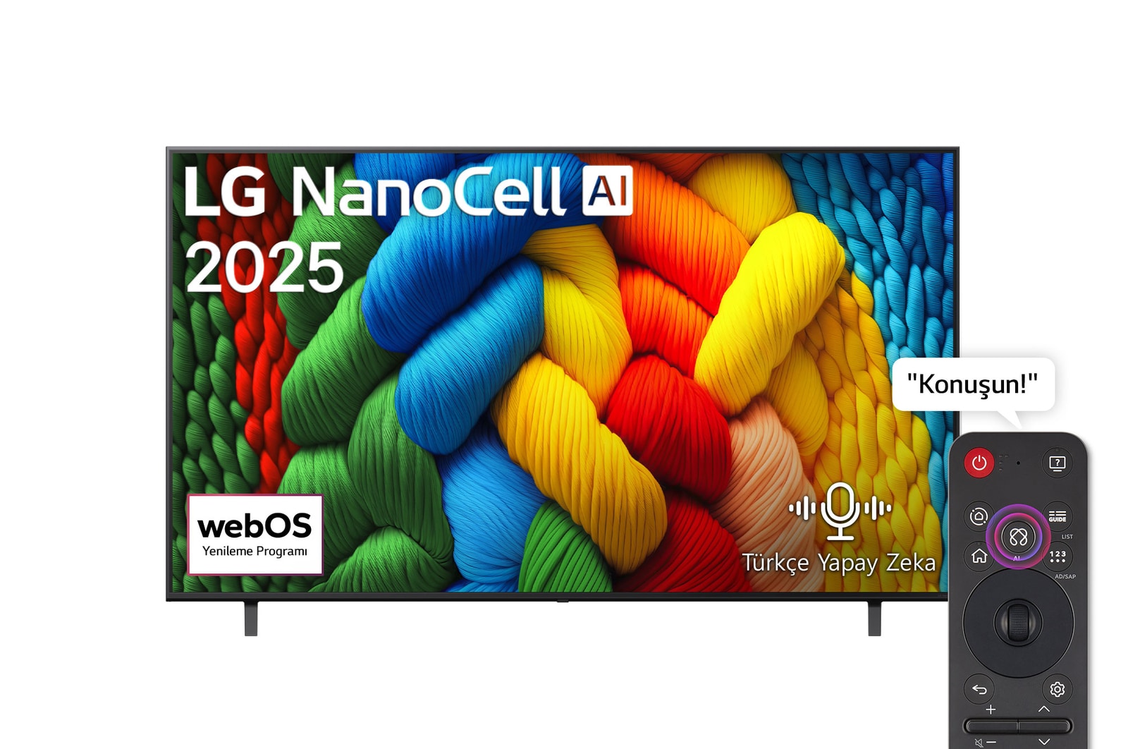 NanoCell TV’nin önden görünümü, üst köşede LG NanoCell Al logosu yer alıyor. LG NanoCell NANO80 TV ekranında renkli boya benzeri dokuların bir araya gelişi gösteriliyor.