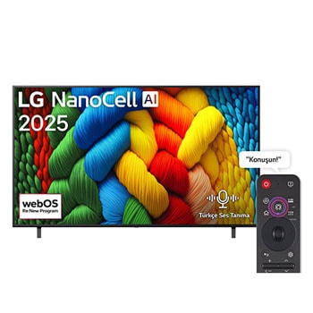 NanoCell TV’nin önden görünümü, üst köşede LG NanoCell Al logosu yer alıyor. LG NanoCell NANO80 TV ekranında renkli boya benzeri dokuların bir araya gelişi gösteriliyor.