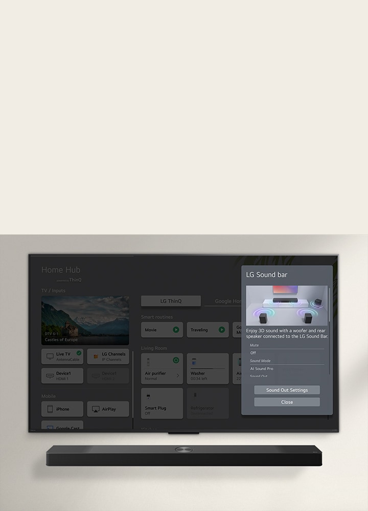 LG Soundbar, LG NanoCell TV’nin altında yer alıyor. TV ekranında soundbar arayüzü ve TV ses kontrolleri gösteriliyor.