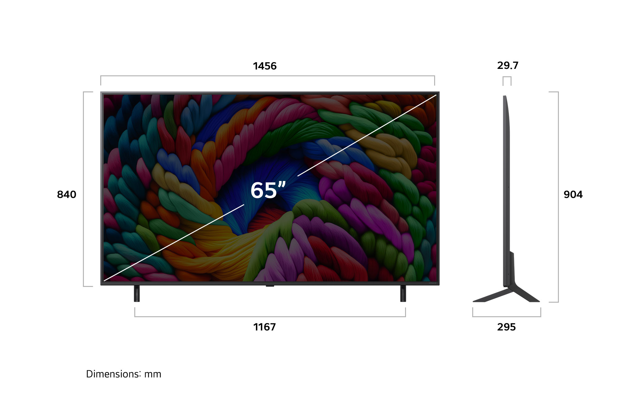 LG NanoCell NANO90 AI 4K Smart TV’nin önden ve yandan görünümü uzunluk, genişlik, yükseklik ve derinlik boyutlarını gösteriyor.