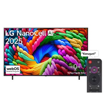 NanoCell NANO90 TV’nin önden görünümü, üst köşede LG NanoCell Al logosu yer alıyor. LG NanoCell TV ekranında renkli boya benzeri dokuların bir araya gelişi gösteriliyor.