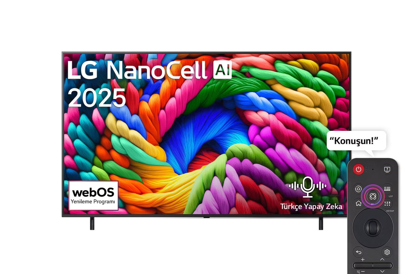 NanoCell NANO90 TV’nin önden görünümü, üst köşede LG NanoCell Al logosu yer alıyor. LG NanoCell TV ekranında renkli boya benzeri dokuların bir araya gelişi gösteriliyor.