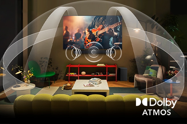 OLED LG TV ve LG Soundbar bulunan bir oturma odası. Bir elektrikli gitar performansının yakın çekimi gösteriliyor. Dolby Atmos surround sesle alanı dolduruyor. Alt köşede Dolby Atmos logosu.