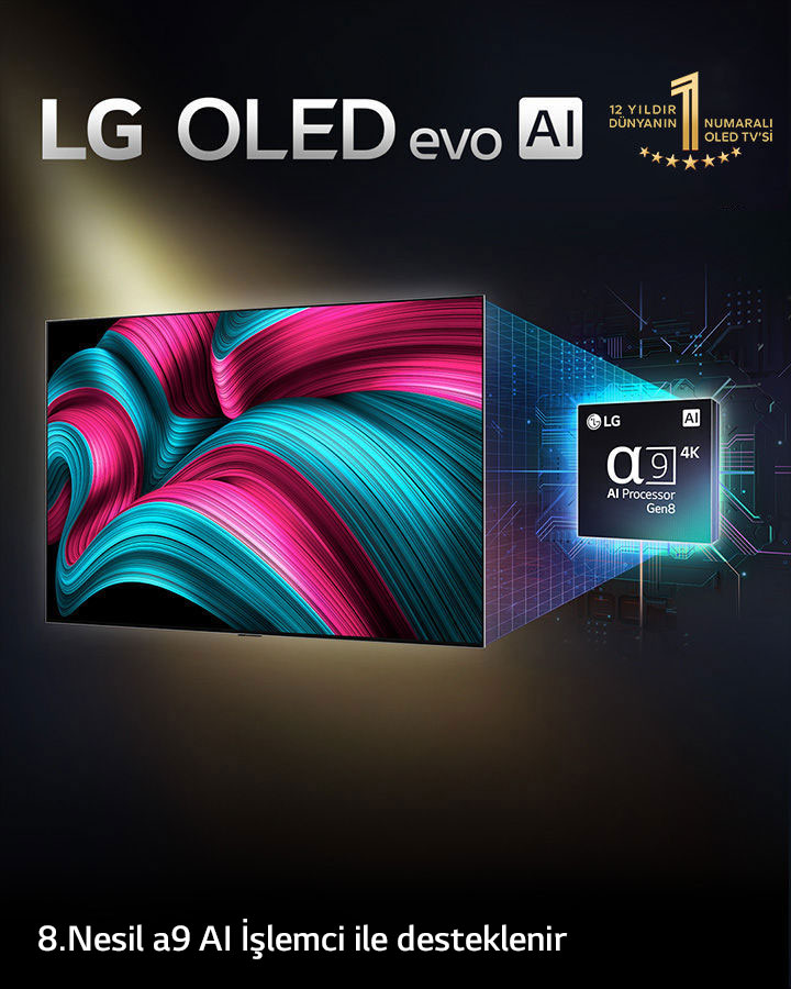 LG OLED evo AI TV ekranında büyüleyici detay, renk ve kontrasta sahip soyut bir resim yer alıyor. TV’nin arkasında Alfa 9 AI İşlemci 8.Nesil büyütülmüş olarak gösteriliyor. İçinden yayılan ışık, çevresindeki mikroçip devrelerini aydınlatıyor. Başlıkta LG OLED evo AI ifadesi yer alıyor. “LG Alfa 9 AI işlemci 8.Nesil teknolojisinden güç alır” ibareli bir metin de bulunuyor. Köşede yer alan yıldızlı altın rengi logoda “12 yıldır dünyanın bir numaralı OLED TV’si” ibaresi yer alıyor. 