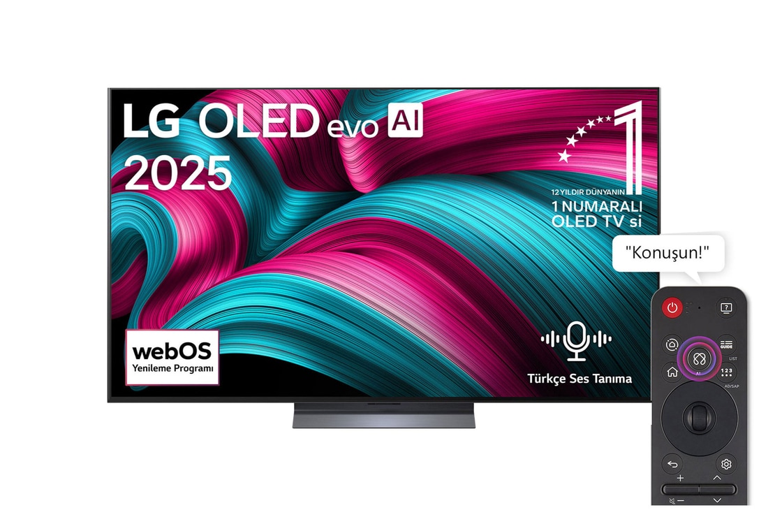 LG OLED evo AI C5 4K Smart TV’nin önden görünümü. Ekranda 12 yıldır dünyanın 1 numaralı OLED’i amblemi ve LG OLED evo AI 2025 logosu yer alıyor.