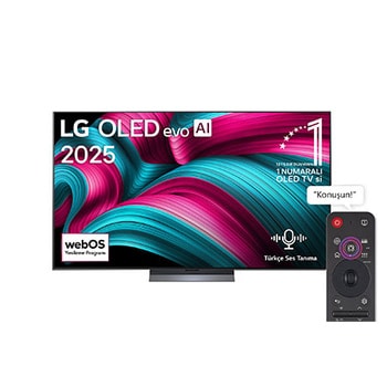 Front view of LG OLED evo AI C5 4K Smart TV. 12 Years of world number 1 OLED emblem and LG OLED evo AI 2025 logo are on the screen.