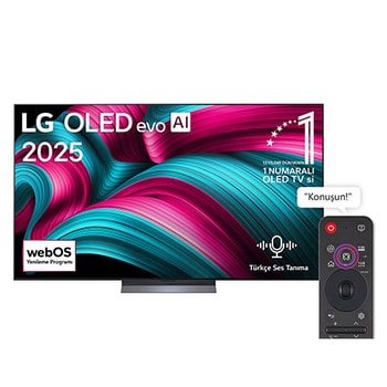 Front view of LG OLED evo AI C5 4K Smart TV. 12 Years of world number 1 OLED emblem and LG OLED evo AI 2025 logo are on the screen.