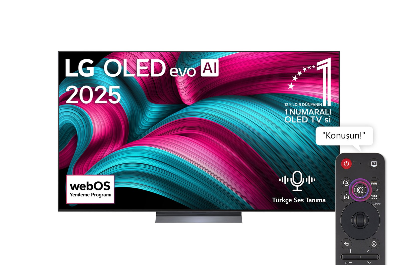 LG OLED evo AI C5 4K Smart TV’nin önden görünümü. Ekranda 12 yıldır dünyanın 1 numaralı OLED’i amblemi ve LG OLED evo AI 2025 logosu yer alıyor.