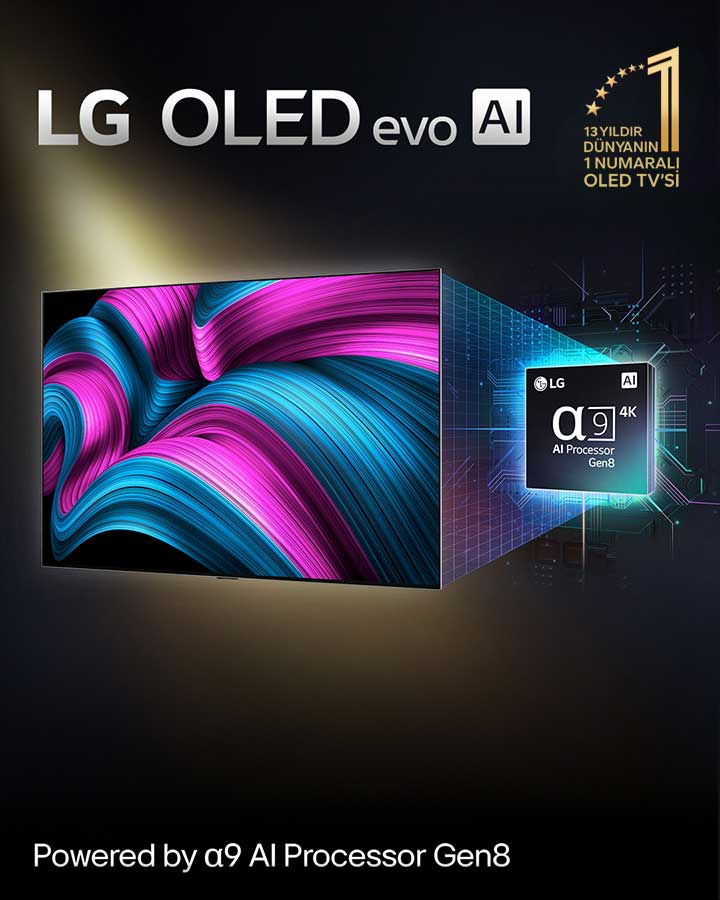 LG OLED evo AI TV ekranında büyüleyici detay, renk ve kontrasta sahip soyut bir resim yer alıyor. TV’nin arkasında Alfa 9 AI İşlemci 8.Nesil büyütülmüş olarak gösteriliyor. İçinden yayılan ışık, çevresindeki mikroçip devrelerini aydınlatıyor. Başlıkta LG OLED evo AI ifadesi yer alıyor. “LG Alfa 9 AI işlemci 8.Nesil teknolojisinden güç alır” ibareli bir metin de bulunuyor. Köşede yer alan yıldızlı altın rengi logoda “12 yıldır dünyanın bir numaralı OLED TV’si” ibaresi yer alıyor. 