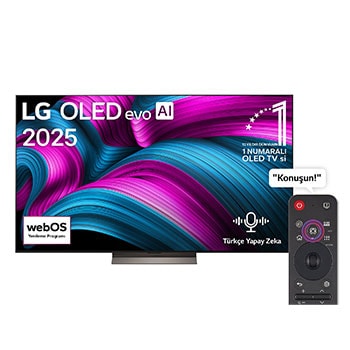 LG OLED evo AI C5 4K Smart TV’nin önden görünümü. Ekranda 12 yıldır dünyanın 1 numaralı OLED’i amblemi ve LG OLED evo AI 2025 logosu yer alıyor.