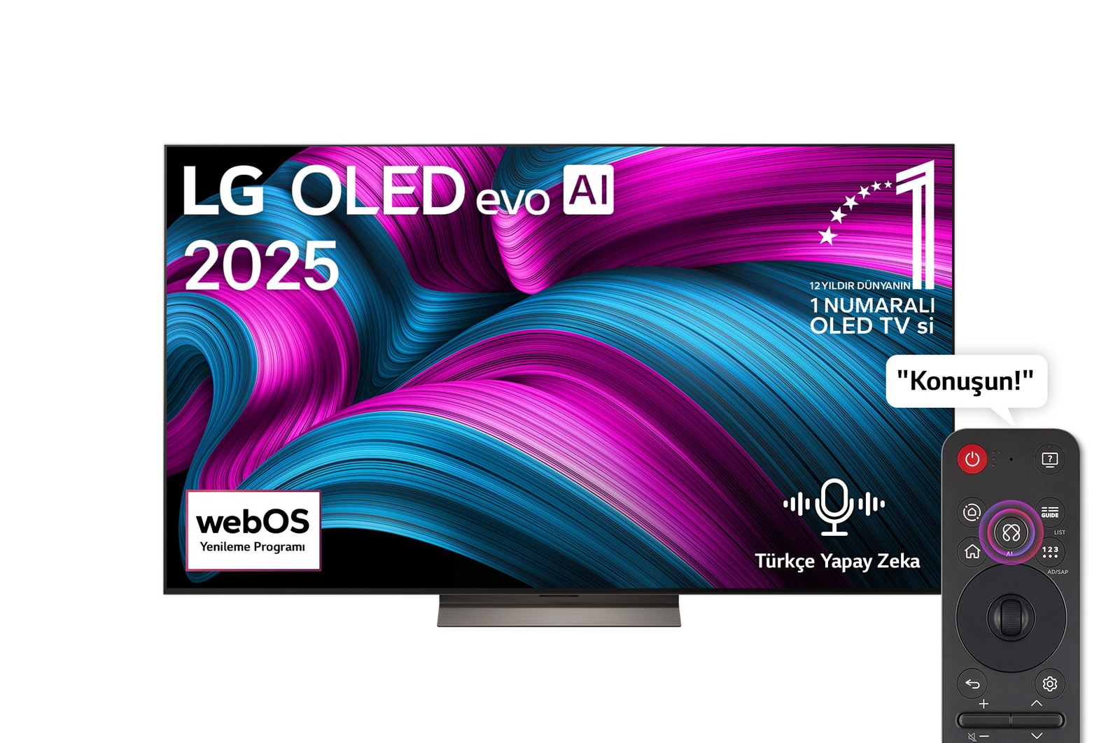 LG OLED evo AI C5 4K Smart TV’nin önden görünümü. Ekranda 12 yıldır dünyanın 1 numaralı OLED’i amblemi ve LG OLED evo AI 2025 logosu yer alıyor.