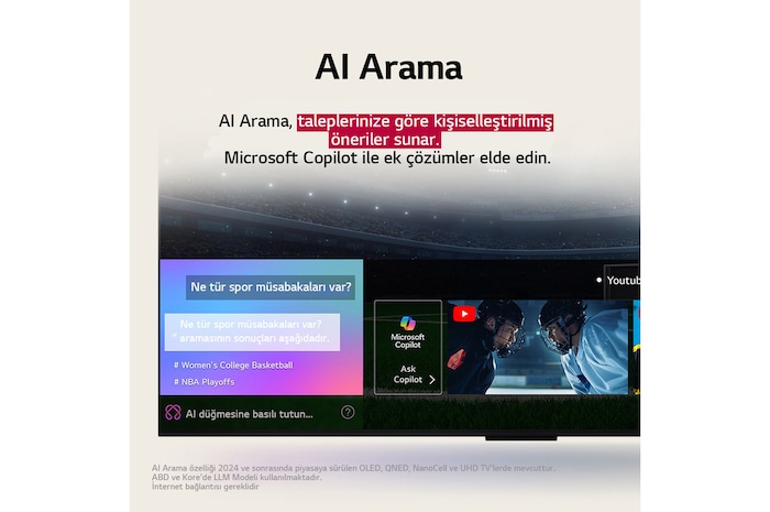 AI Search’ün nasıl çalıştığını gösteren bir LG OLED TV ekranının yakın çekimi. Kullanıcının hangi spor oyunlarının olduğunu sorduğu küçük bir sohbet penceresi gösteriliyor. AI Search, sohbet üzerinden cevap vererek mevcut içeriklerin küçük resimlerini gösteriyor. Microsoft Copilot’a sormak için de bir yönlendirme yer alıyor. 