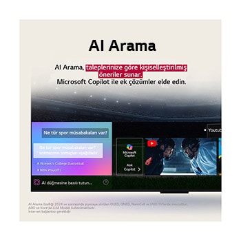 AI Search’ün nasıl çalıştığını gösteren bir LG OLED TV ekranının yakın çekimi. Kullanıcının hangi spor oyunlarının olduğunu sorduğu küçük bir sohbet penceresi gösteriliyor. AI Search, sohbet üzerinden cevap vererek mevcut içeriklerin küçük resimlerini gösteriyor. Microsoft Copilot’a sormak için de bir yönlendirme yer alıyor. 
