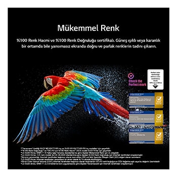 Siyah arka planda ultra yüksek çözünürlüklü rengarenk bir papağan. Her tarafında havada asılı su damlaları var. Görüntüde, papağanın vücudundaki farklı renk tonlarının canlı ve parlak olmasıyla Mükemmel Renk gösteriliyor. Detaylı su sıçramalarının bulunduğu koyu arka plan da ekranın yansıma yapmadığını vurguluyor. UL ve Intertek’in çeşitli logo onayları görülüyor. Bunlar, %100 Renk Doğruluğu, %100 Renk Hacmi ve yansıma olmaması anlamına geliyor. Görünen metinde ise Mükemmel Renk onay işaretini kontrol edin yazıyor.