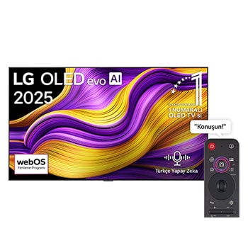 LG OLED evo AI G5 4K Smart TV’nin önden görünümü. Ekranda 12 yıldır dünyanın 1 numaralı OLED’i amblemi ve LG OLED evo AI 2025 logosu yer alıyor.