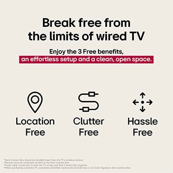 LG Tamamen Kablosuz TV’nin sağladığı 3 avantajı temsil eden üç simge. Mekandan bağımsız, karmaşasız, zahmetsiz. Metin, kablolu TV’nin sınırlamalarından özgürleşmekten ve zahmetsiz bir kurulum ile temiz ve ferah bir alanın tadını çıkarmaktan söz ediyor.