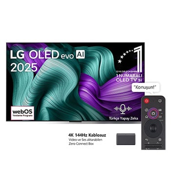 LG OLED M5 TV’nin önden görünümü. Ekranda 12 yıldır dünyanın 1 numaralı OLED’i amblemi ve LG OLED evo AI 2025 logosu yer alıyor. Köşede Zero Connect Box ve başlıkta “4K 144Hz kablosuz video ve ses aktarımlı Zero Connect Box” ifadesi yer alıyor.