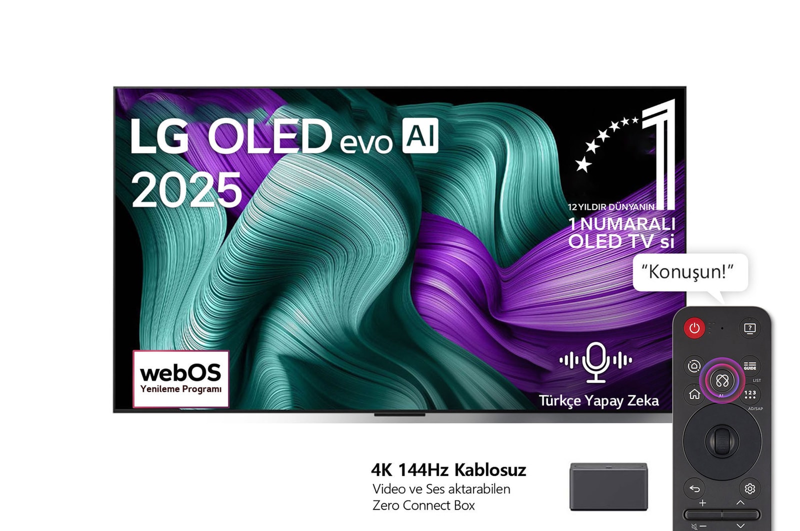 LG OLED M5 TV’nin önden görünümü. Ekranda 12 yıldır dünyanın 1 numaralı OLED’i amblemi ve LG OLED evo AI 2025 logosu yer alıyor. Köşede Zero Connect Box ve başlıkta “4K 144Hz kablosuz video ve ses aktarımlı Zero Connect Box” ifadesi yer alıyor.
