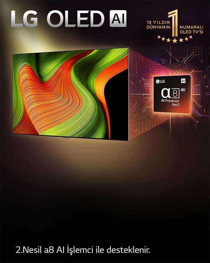 LG OLED evo AI TV ekranında büyüleyici detay, renk ve kontrasta sahip soyut bir resim yer alıyor. TV’nin arkasında alpha 8 AI İşlemci Gen2 büyütülmüş olarak gösteriliyor. İçinden yayılan ışık, çevresindeki mikroçip devrelerini aydınlatıyor. Başlıkta LG OLED evo AI ifadesi yer alıyor. “LG alpha 8 AI işlemci Gen2 teknolojisinden güç alır” ibareli bir metin de bulunuyor. Köşede yer alan yıldızlı altın rengi logoda “13 yıldır dünyanın bir numaralı OLED TV’si” ibaresi yer alıyor.