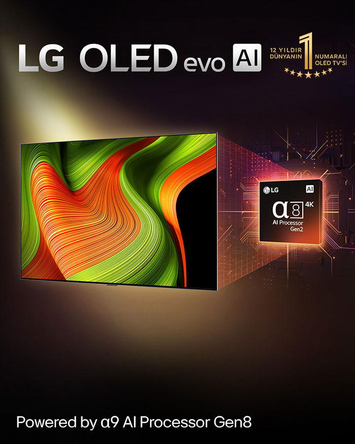 LG OLED evo AI TV ekranında büyüleyici detay, renk ve kontrasta sahip soyut bir resim yer alıyor. TV’nin arkasında alpha 8 AI İşlemci Gen2 büyütülmüş olarak gösteriliyor. İçinden yayılan ışık, çevresindeki mikroçip devrelerini aydınlatıyor. Başlıkta LG OLED evo AI ifadesi yer alıyor. “LG alpha 8 AI işlemci Gen2 teknolojisinden güç alır” ibareli bir metin de bulunuyor. Köşede yer alan yıldızlı altın rengi logoda “12 yıldır dünyanın bir numaralı OLED TV’si” ibaresi yer alıyor. 
