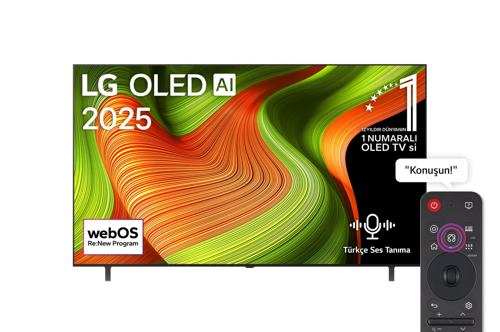 LG OLED AI B5 4K Smart TV’nin önden görünümü. Ekranda 12 yıldır dünyanın 1 numaralı OLED’i amblemi ve LG OLED AI 2025 logosu yer alıyor.