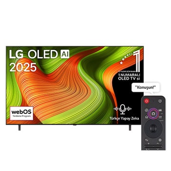 LG OLED AI B5 4K Smart TV’nin önden görünümü. Ekranda 12 yıldır dünyanın 1 numaralı OLED’i amblemi ve LG OLED AI 2025 logosu yer alıyor.