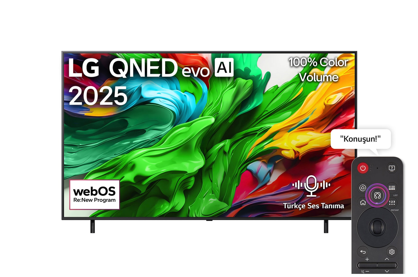 LG QNED evo QNED85 TV’nin önden görünümü, üst köşede LG QNED evo AI logosu. LG QNED evo QNED85 TV ekranında renkli boya benzeri dokuların birbirine karışması gösteriliyor.