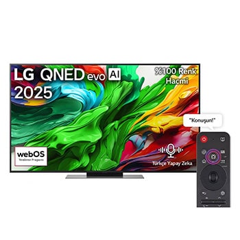 LG QNED evo QNED85 TV’nin önden görünümü, üst köşede LG QNED evo AI logosu. LG QNED evo QNED85 TV ekranında renkli boya benzeri dokuların birbirine karışması gösteriliyor.