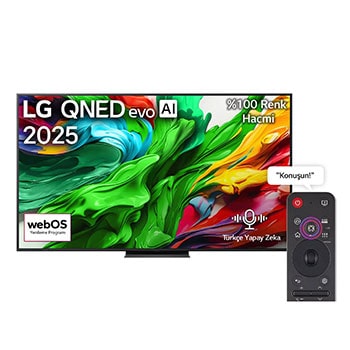 LG QNED evo QNED85 TV’nin önden görünümü, üst köşede LG QNED evo AI logosu. LG QNED evo QNED85 TV ekranında renkli boya benzeri dokuların birbirine karışması gösteriliyor.