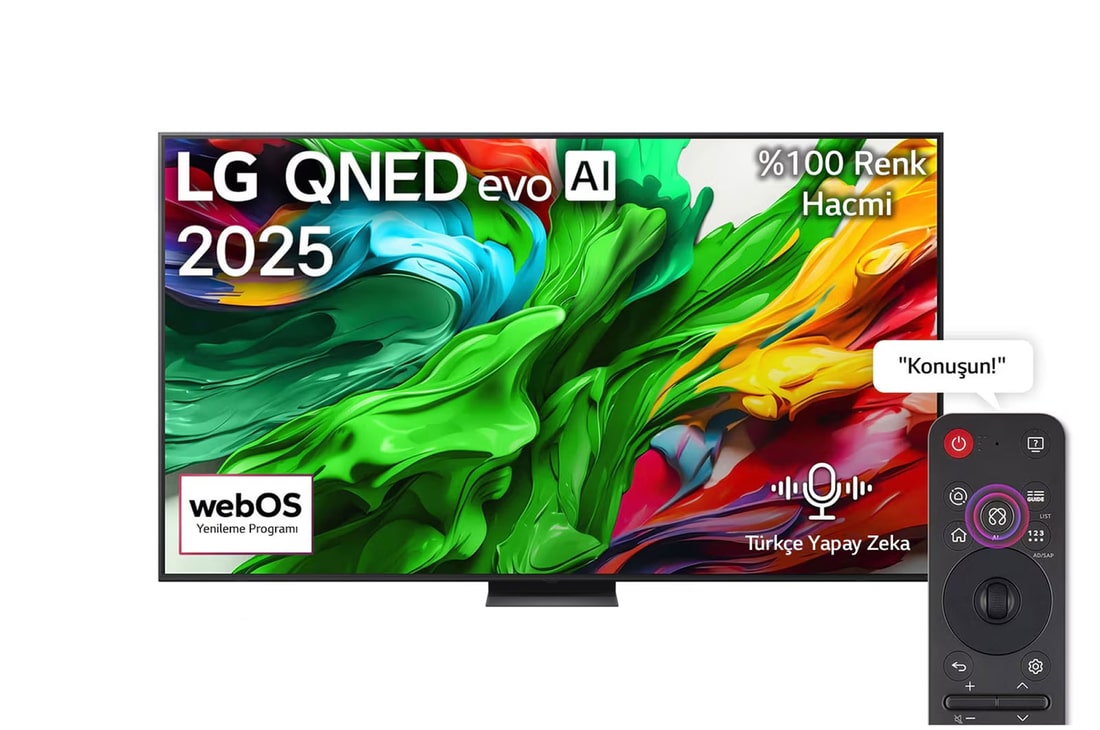LG QNED evo QNED85 TV’nin önden görünümü, üst köşede LG QNED evo AI logosu. LG QNED evo QNED85 TV ekranında renkli boya benzeri dokuların birbirine karışması gösteriliyor.
