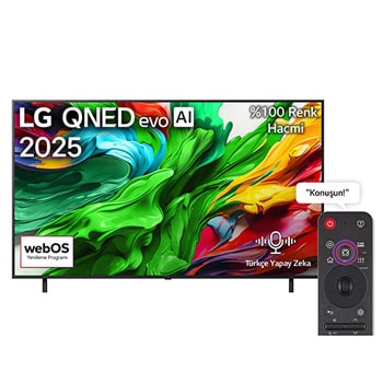 LG QNED evo QNED85 TV’nin önden görünümü, üst köşede LG QNED evo AI logosu. LG QNED evo QNED85 TV ekranında renkli boya benzeri dokuların birbirine karışması gösteriliyor.