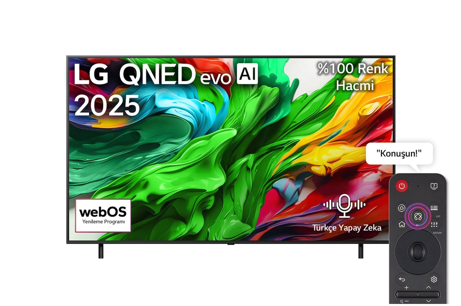 LG QNED evo QNED85 TV’nin önden görünümü, üst köşede LG QNED evo AI logosu. LG QNED evo QNED85 TV ekranında renkli boya benzeri dokuların birbirine karışması gösteriliyor.