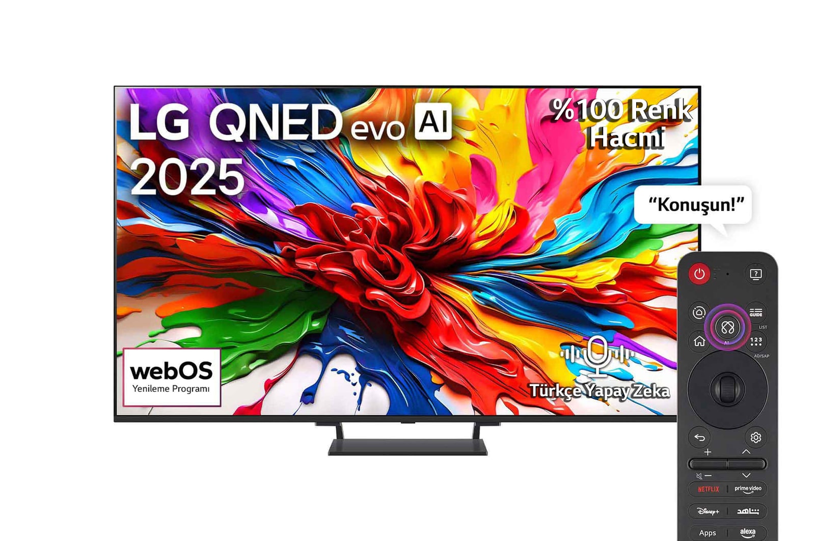 LG QNED evo QNED93 TV’nin önden görünümü, üst köşede LG QNED evo AI logosu. LG QNED evo TV ekranında renkli boya benzeri dokuların bir araya gelişi gösteriliyor.