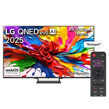 LG QNED evo QNED93 TV’nin önden görünümü, üst köşede LG QNED evo AI logosu. LG QNED evo TV ekranında renkli boya benzeri dokuların bir araya gelişi gösteriliyor.